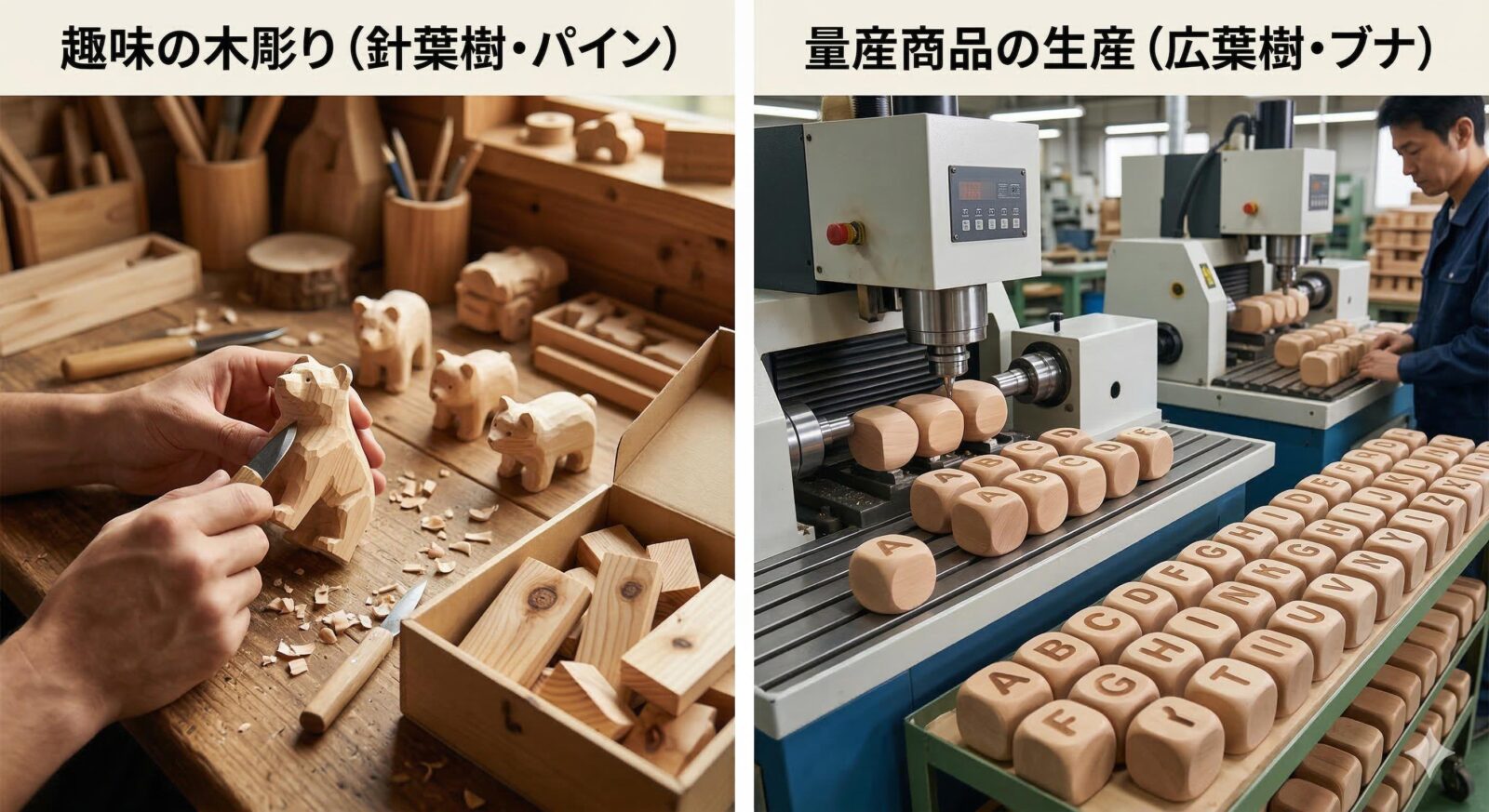 趣味と量産品の木材の違い